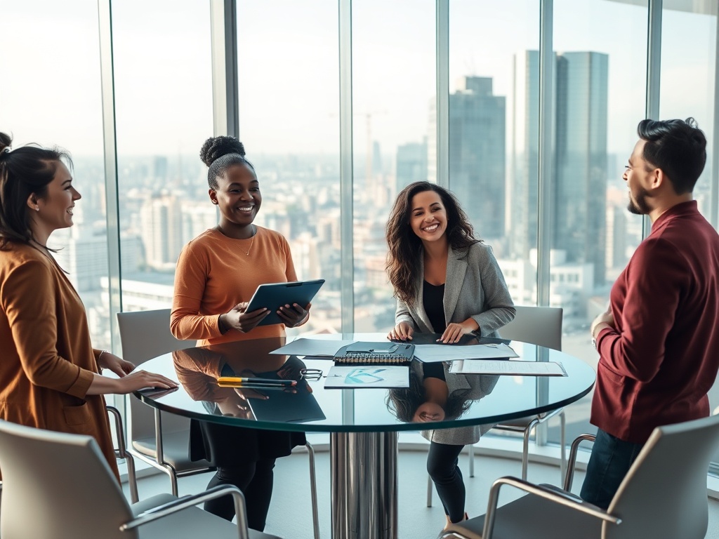 A diverse team of four individuals in a modern glass boardroom, standing around a circular table with a tablet and sketch pads, natural light streaming through the glass walls, laughing conversationally, with a city skyline visible through the windows. Photorealistic, 8k, cinematic composition, warm and inviting atmosphere.