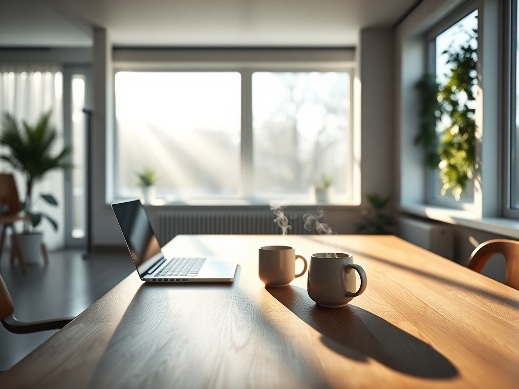 A panoramic shot of a minimalist Scandinavian workspace with floor-to-ceiling windows, soft morning light casting long shadows across a clean oak desk, a single ceramic mug with steam, and a laptop turned off. In the background, a blurred focus on a living wall with subtle green hues. Photorealistic, 8k, commercial photography style, cinematic lighting, shallow depth of field.