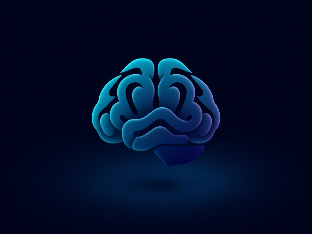 A standalone vector-style logo mark: a minimalist brain with interlocking abstract shapes, in deep navy and teal gradients, with a subtle glow, on a dark gradient background. Photorealistic, 8k, commercial logo presentation, sleek.